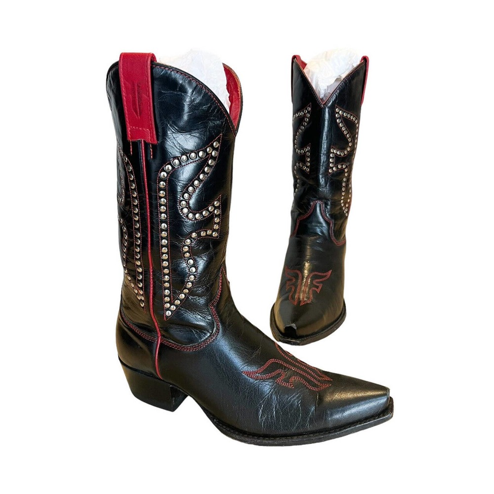 Frye Vintage Black and Red Leather Daisy Duke Cowgirl Boots Size 7.5